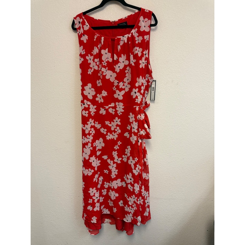 Tahari Arthur S. Levine Red Floral Chiffon Faux Wrap Midi Dress Plus Size 22W